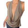image:imageMakeMeChic Womens Halter Tank Top Deep V Cowl Neck Backless Rivet Summer Going Out TopsKhaki