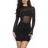 image:imageMakeMeChic Womens Sparkly Mesh Rhinestone Mini Dress Sequin Glitter Long Sleeve Sheer Bodycon Short DressBlack