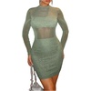 image:imageMakeMeChic Womens Sparkly Mesh Rhinestone Mini Dress Sequin Glitter Long Sleeve Sheer Bodycon Short DressGreen