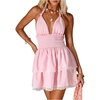 image:imageMakeMeChic Womens Summer Mini Dress Floral Halter Ruffle Backless A Line Dresses Flowy Cami Vacation SundressPink