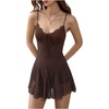 image:imageMakeMeChic Womens Summer Polka Dots Mini Dress Lace V Neck Tie Front Short Dresses Party Club Rave OutfitsCoffee Brown