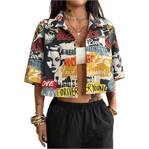 image:imageMAKEMECHIC Womens Y2k Shirt Tops Summer Button Down Shirt Crop Graphic Tees Crollared Shirt StreetwearMulticolor