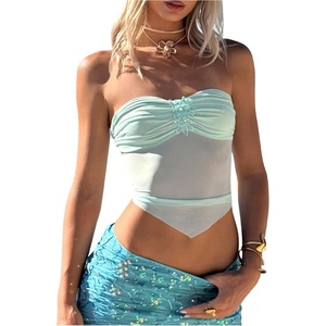 image:imageMakeMeChic Womens 3D Floral Pearl Beaded Tube Top Mesh Sheer Ruched Tie Open Back Summer Crop TopsGreen