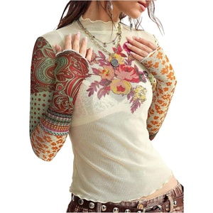 image:imageMakeMeChic Womens Boho Clothing Floral Polka Dots Paisley Crop Tops Long Sleeve Mock Neck Summer Mesh Tee ShirtApricot