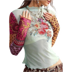 image:imageMakeMeChic Womens Boho Clothing Floral Polka Dots Paisley Crop Tops Long Sleeve Mock Neck Summer Mesh Tee ShirtMint Green