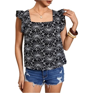 image:imageMakeMeChic Womens Boho Flutter Sleeve Blouse Square Neck Ruffle Floral Print Hollow Out Lightweight Summer Tank TopBlack