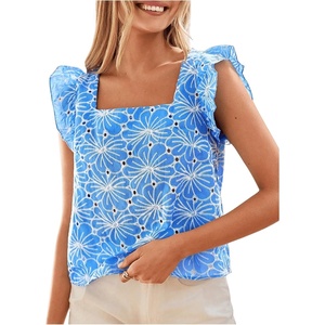 image:imageMakeMeChic Womens Boho Flutter Sleeve Blouse Square Neck Ruffle Floral Print Hollow Out Lightweight Summer Tank TopBlue