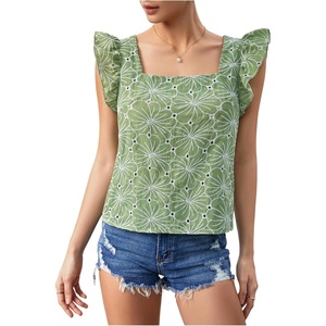image:imageMakeMeChic Womens Boho Flutter Sleeve Blouse Square Neck Ruffle Floral Print Hollow Out Lightweight Summer Tank TopGreen a