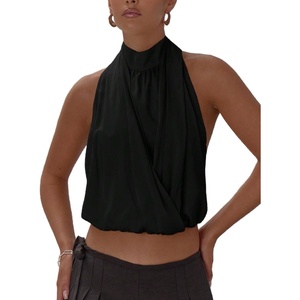 image:imageMakeMeChic Womens Cute Summer Halter Tank Top Draped Sleeveless Tie Open Back Crop TopsBlack