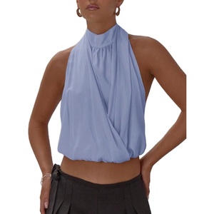 image:imageMakeMeChic Womens Cute Summer Halter Tank Top Draped Sleeveless Tie Open Back Crop TopsBlue