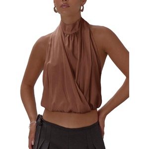 image:imageMakeMeChic Womens Cute Summer Halter Tank Top Draped Sleeveless Tie Open Back Crop TopsBrown