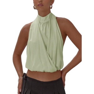 image:imageMakeMeChic Womens Cute Summer Halter Tank Top Draped Sleeveless Tie Open Back Crop TopsLime Green
