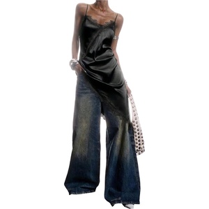 image:imageMakeMeChic Womens Elegant Satin Cami Dress Lace Trim Asymmetrical Spaghetti Strap Mini DressesBlack