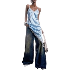 image:imageMakeMeChic Womens Elegant Satin Cami Dress Lace Trim Asymmetrical Spaghetti Strap Mini DressesBlue