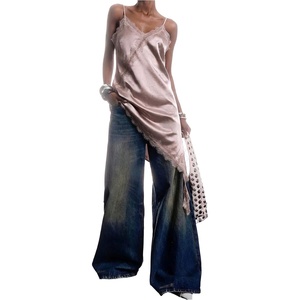 image:imageMakeMeChic Womens Elegant Satin Cami Dress Lace Trim Asymmetrical Spaghetti Strap Mini DressesKhaki