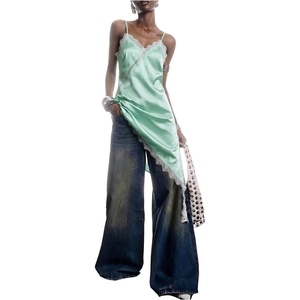 image:imageMakeMeChic Womens Elegant Satin Cami Dress Lace Trim Asymmetrical Spaghetti Strap Mini DressesMint Green