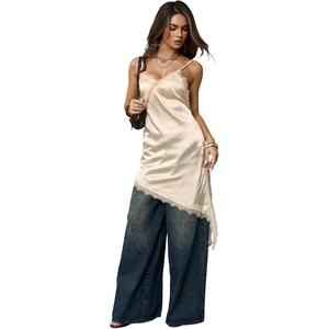 image:imageMakeMeChic Womens Elegant Satin Cami Dress Lace Trim Asymmetrical Spaghetti Strap Mini DressesWhite