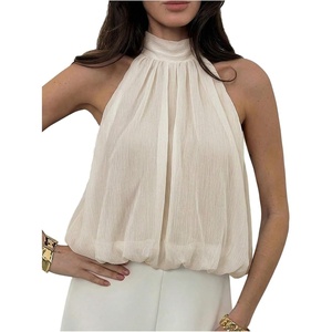 image:imageMakeMeChic Womens Flowy Bubble Crop Tank Top Halter Mesh Sleeveless Ruffle Y2k Going Out TopsBeige