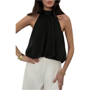 image:imageMakeMeChic Womens Flowy Bubble Crop Tank Top Halter Mesh Sleeveless Ruffle Y2k Going Out TopsBlack