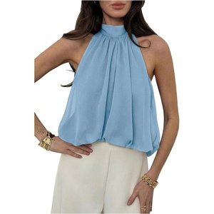 image:imageMakeMeChic Womens Flowy Bubble Crop Tank Top Halter Mesh Sleeveless Ruffle Y2k Going Out TopsBlue