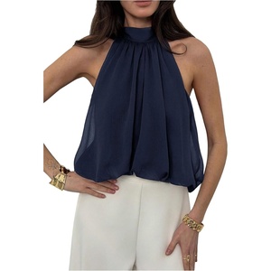 image:imageMakeMeChic Womens Flowy Bubble Crop Tank Top Halter Mesh Sleeveless Ruffle Y2k Going Out TopsDark Blue