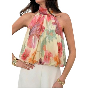 image:imageMakeMeChic Womens Flowy Bubble Crop Tank Top Halter Mesh Sleeveless Ruffle Y2k Going Out TopsMulticolor