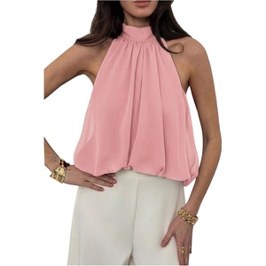 image:imageMakeMeChic Womens Flowy Bubble Crop Tank Top Halter Mesh Sleeveless Ruffle Y2k Going Out TopsPink