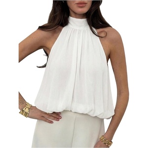 image:imageMakeMeChic Womens Flowy Bubble Crop Tank Top Halter Mesh Sleeveless Ruffle Y2k Going Out TopsWhite