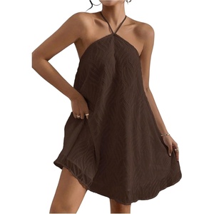 image:imageMakeMeChic Womens Halter Dress Summer White Beach Mini Backless Flowy Short DressBrown