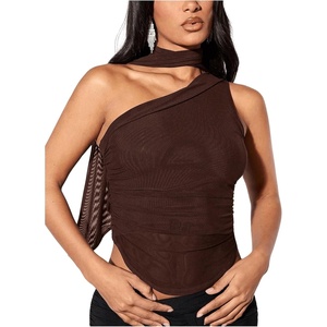 image:imageMakeMeChic Womens Halter Scarf Sexy Sheer Mesh Tops Ruched Off Shoulder Asymmetrical Neck Crop Tank Top Going Out ClubwearCoffee Brown