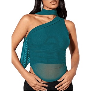 image:imageMakeMeChic Womens Halter Scarf Sexy Sheer Mesh Tops Ruched Off Shoulder Asymmetrical Neck Crop Tank Top Going Out ClubwearTeal Blue