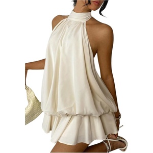 image:imageMakeMeChic Womens Halter Summer Mini Dress Ruffle Backless Bubble Going Out Party Short DressesApricot