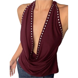 image:imageMakeMeChic Womens Halter Tank Top Deep V Cowl Neck Backless Rivet Summer Going Out TopsBurgundy