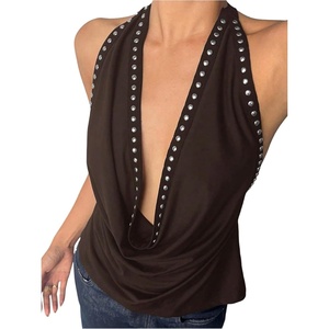 image:imageMakeMeChic Womens Halter Tank Top Deep V Cowl Neck Backless Rivet Summer Going Out TopsChocolate Brown