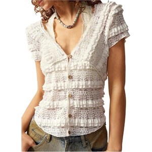 image:imageMakeMeChic Womens Lace Button Up Tops V Neck Short Sleeve Ruffle Layered Y2k T ShirtWhite
