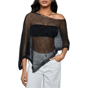 image:imageMakeMeChic Womens Mesh Sheer Poncho Tops Asymmetrical Neck Grunge Lightweight SweaterBlack