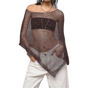 image:imageMakeMeChic Womens Mesh Sheer Poncho Tops Asymmetrical Neck Grunge Lightweight SweaterCoffee Brown