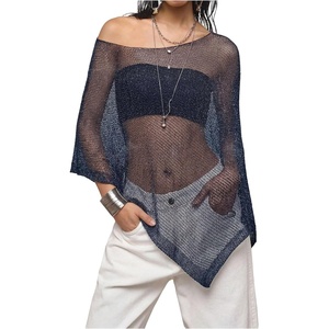 image:imageMakeMeChic Womens Mesh Sheer Poncho Tops Asymmetrical Neck Grunge Lightweight SweaterRoyal Blue