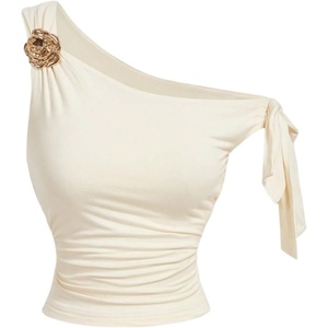 image:imageMakeMeChic Womens Off The Shoulder Crop Tops Metal Floral Ruched Knot Sleeveless TankApricot