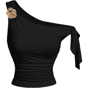 image:imageMakeMeChic Womens Off The Shoulder Crop Tops Metal Floral Ruched Knot Sleeveless TankBlack