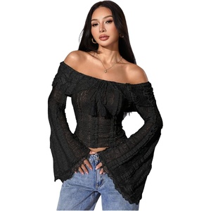 image:imageMakeMeChic Womens Off The Shoulder Lace Tank Tops Going Out Bell Sleeve Crop Tops Summer Y2K OutfitsBlack a