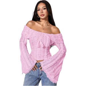 image:imageMakeMeChic Womens Off The Shoulder Lace Tank Tops Going Out Bell Sleeve Crop Tops Summer Y2K OutfitsPink