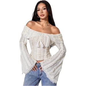 image:imageMakeMeChic Womens Off The Shoulder Lace Tank Tops Going Out Bell Sleeve Crop Tops Summer Y2K OutfitsWhite