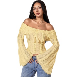 image:imageMakeMeChic Womens Off The Shoulder Lace Tank Tops Going Out Bell Sleeve Crop Tops Summer Y2K OutfitsYellow