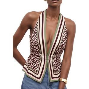 image:imageMakeMeChic Womens Open Back Halter Tops Deep V Neck Ruffle Sleeveless Summer Boho TopKhaki