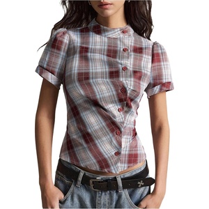 image:imageMakeMeChic Womens Plaid Blouse Dressy Casual Work Short Sleeve Vintage Button Down Collar ShirtsMulticolor