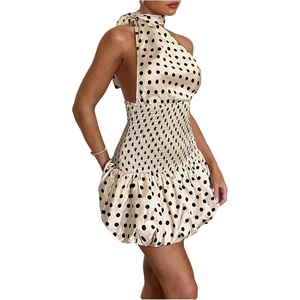 image:imageMakeMeChic Womens Polka Dots Bubble Mini Dress Shirred Halter Sleeveless A Line Y2k DressesApricot
