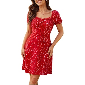 image:imageMakeMeChic Womens Polka Dots Puff Sleeve Dress Sweetheart Ruched Summer Mini DressesRed