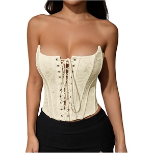 image:imageMakeMeChic Womens Renaissance Corset Bustier Tops Shapewear Lingerie Lace Up Floral Sexy Strapless Overbust Crop TopApricot