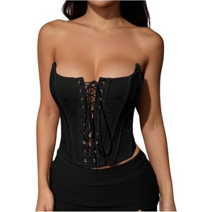 image:imageMakeMeChic Womens Renaissance Corset Bustier Tops Shapewear Lingerie Lace Up Floral Sexy Strapless Overbust Crop TopBlack